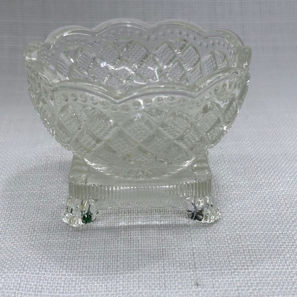 Clear Pressed Glass Footed Trinket Bowl Diamond Quilted Scalloped Salt Cellar